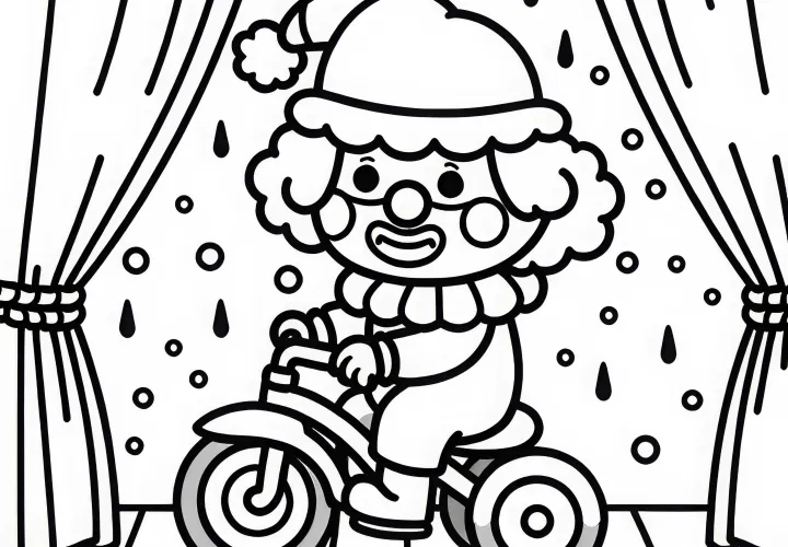 Clown fährt kleines Fahrrad auf Bühne – Malvorlage einfach kostenlos