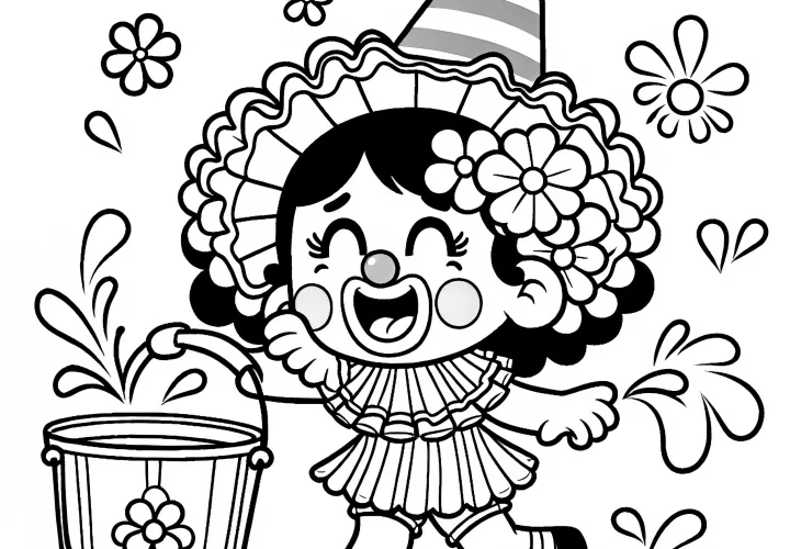 Clown macht Späße mit Wassereimer – Ausmalbild einfach gratis