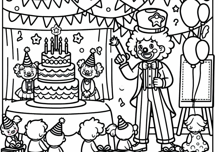 Clown tritt auf Kindergeburtstagsparty – Ausmalbild einfach kostenlos Clown tritt auf Kindergeburtstagsparty – Ausmalbild einfach kostenlos