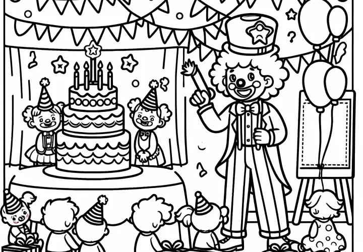 Clown tritt auf Kindergeburtstagsparty – Ausmalbild einfach kostenlos