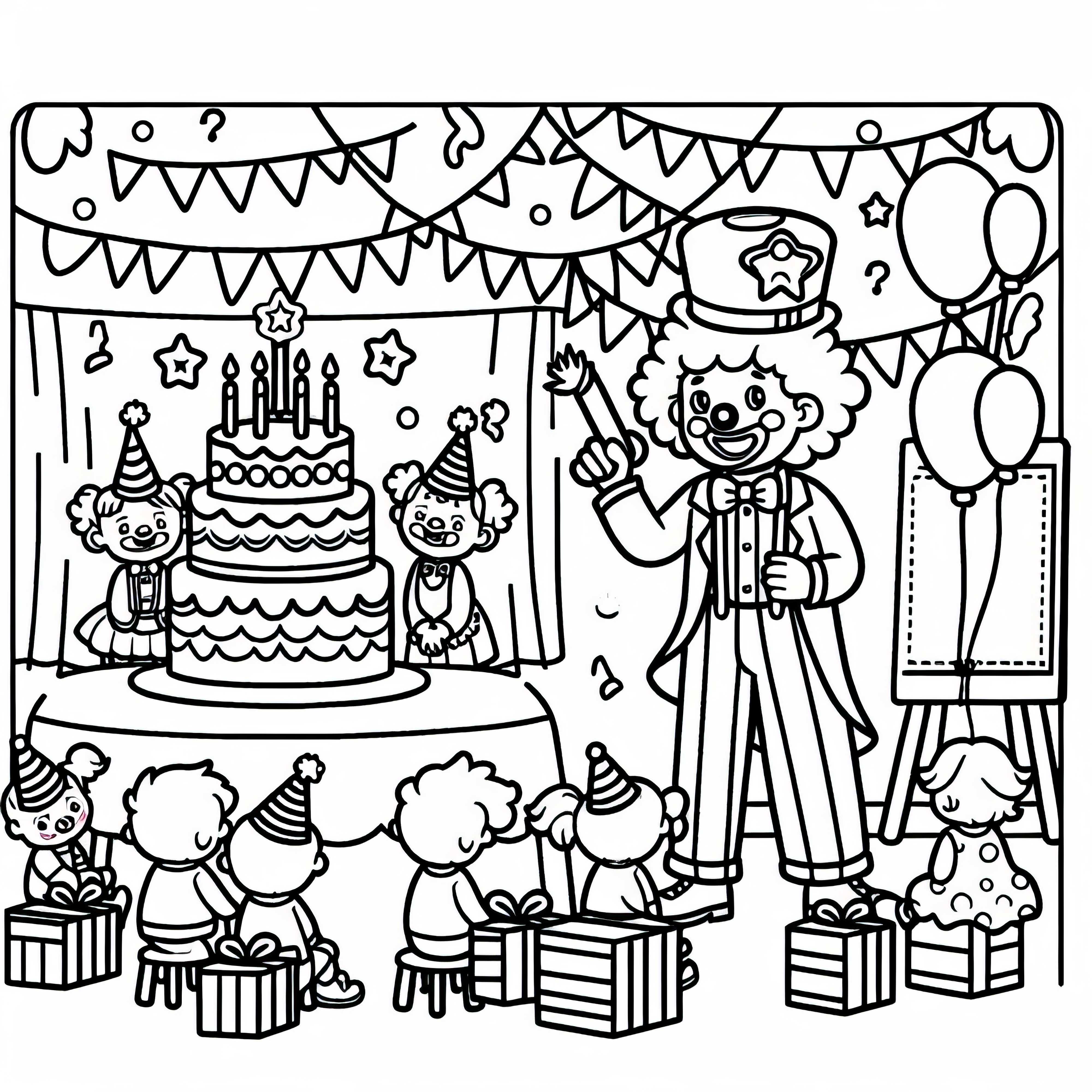 Clown tritt auf Kindergeburtstagsparty – Ausmalbild einfach kostenlos