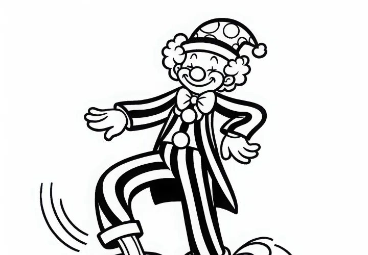 Clown tanzt mit übergroßen Schuhen – Malvorlage einfach und gratis