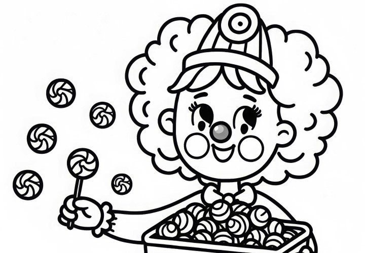 Clown verteilt Bonbons: Ausmalbild einfach und gratis Clown verteilt Bonbons: Ausmalbild einfach und gratis