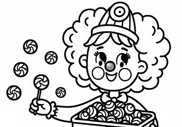 Clown verteilt Bonbons: Ausmalbild einfach und gratis