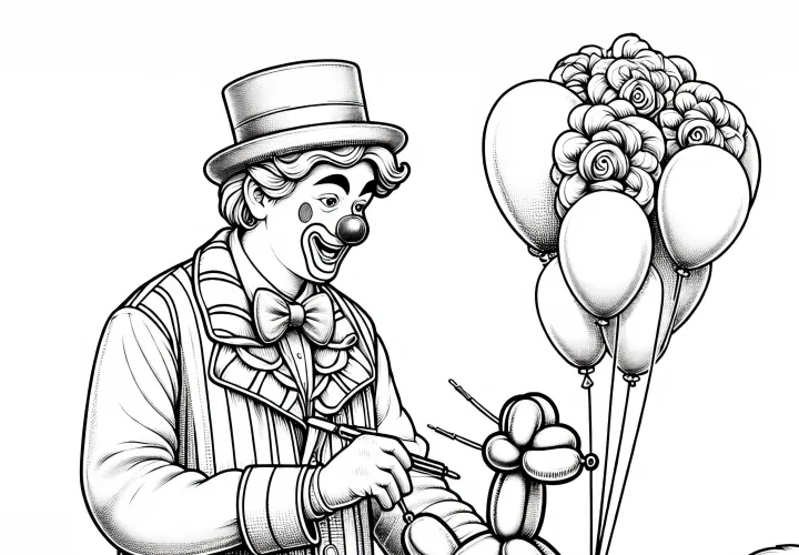 Clown formt Ballontiere für Kinder – Malvorlage detailreich kostenlos