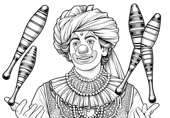 Clown jongliert mit Keulen – Malvorlage detailreich gratis