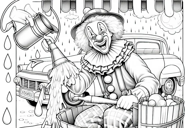 Clown macht Späße mit Wassereimer – Malvorlage in detailreicher Qualität kostenlos