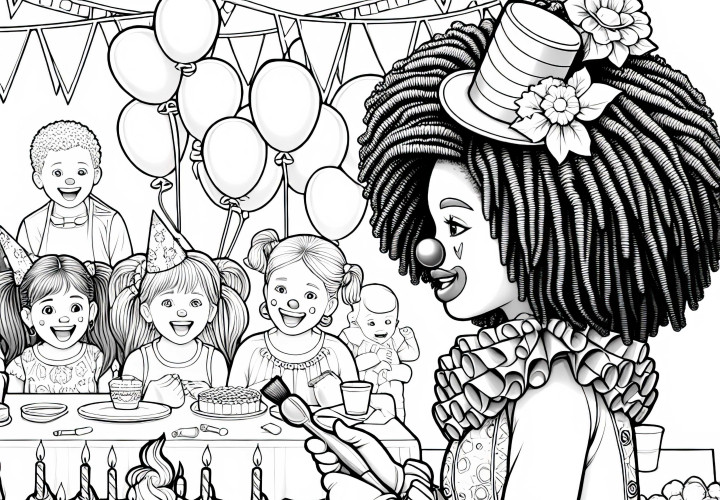 Clown tritt auf Kindergeburtstagsparty auf Ausmalbild – detailreich und gratis Clown tritt auf Kindergeburtstagsparty auf Ausmalbild – detailreich und gratis