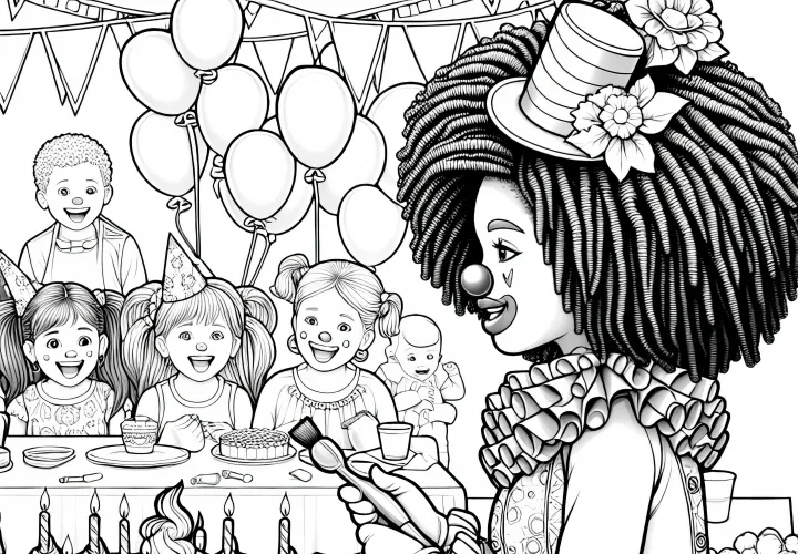 Clown tritt auf Kindergeburtstagsparty auf Ausmalbild – detailreich und gratis