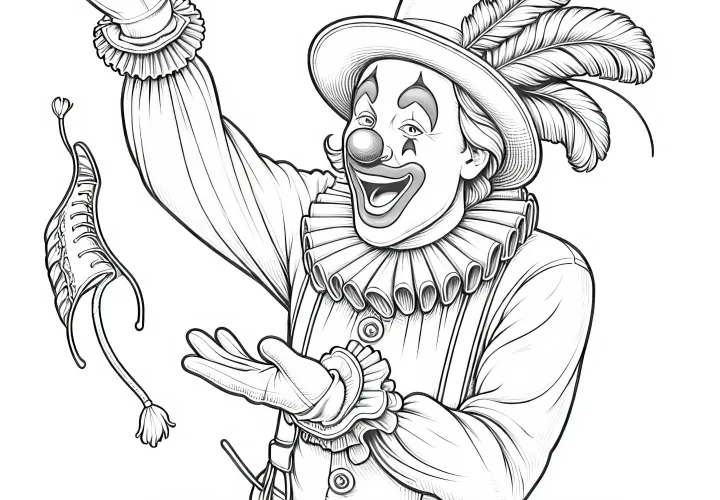 Clown führt Pantomime mit lustigen Gesten vor – Malvorlage detailreich kostenlos