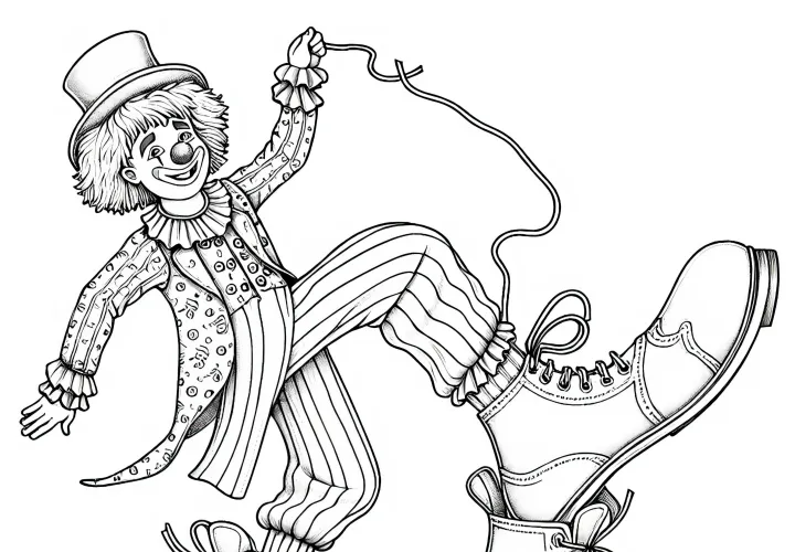 Clown tanzt mit übergroßen Schuhen – Malvorlage detailreich kostenlos