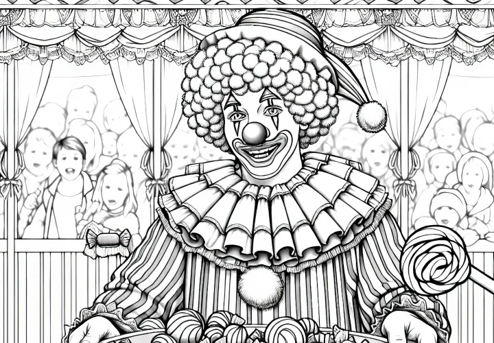 Clown verteilt Bonbons Ausmalbild kostenlos zum Download