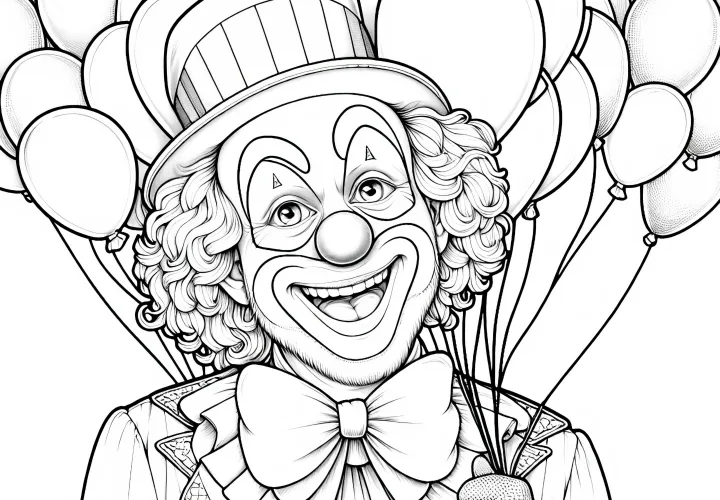 Clown mit Luftballons – detailreiche Malvorlage kostenlos