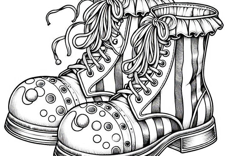 Große Schuhe eines Clowns – Ausmalbild als detailreiches Kunstwerk Große Schuhe eines Clowns – Ausmalbild als detailreiches Kunstwerk