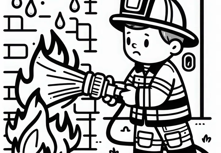 消防士がホースで火を消している - 簡単な塗り絵 無料