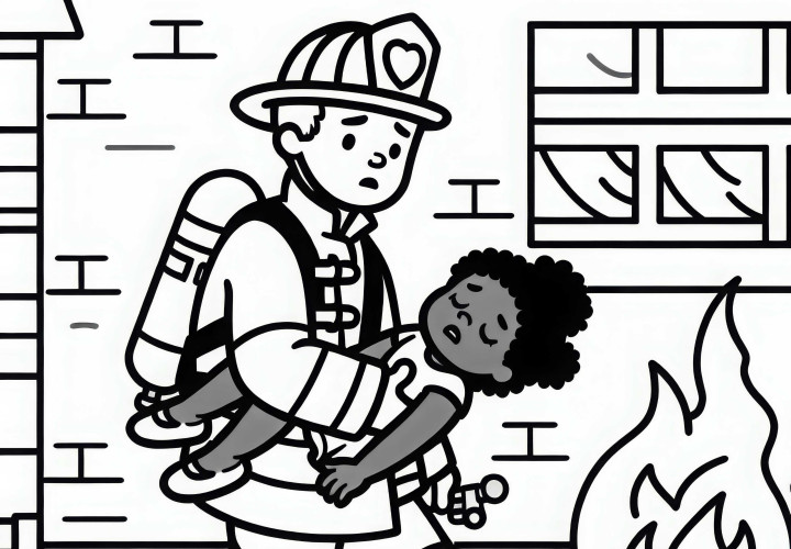 Feuerwehrmann trägt Kind aus brennendem Gebäude – Malvorlage einfach gratis Feuerwehrmann trägt Kind aus brennendem Gebäude – Malvorlage einfach gratis