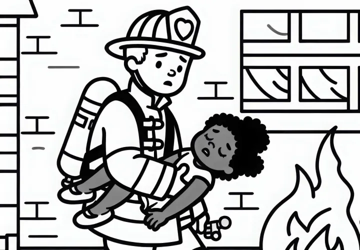 消防士が燃えている建物から子供を救出する – 簡単な無料の塗り絵