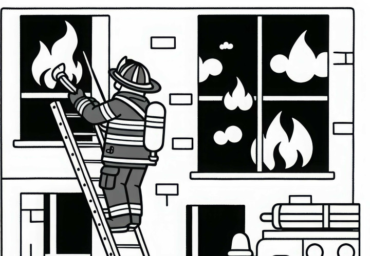 Feuerwehrmann klettert mit Leiter zu Fenster – Malvorlage einfach kostenlos Feuerwehrmann klettert mit Leiter zu Fenster – Malvorlage einfach kostenlos
