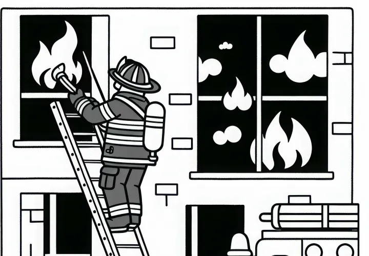 消防士がはしごを使って窓に登る - 簡単な塗り絵 無料