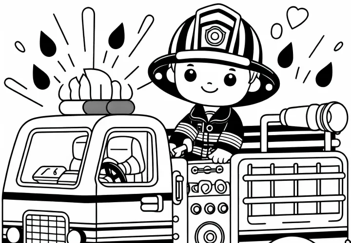 消防士が青い光を点けた消防車を運転している - 簡単な無料塗り絵