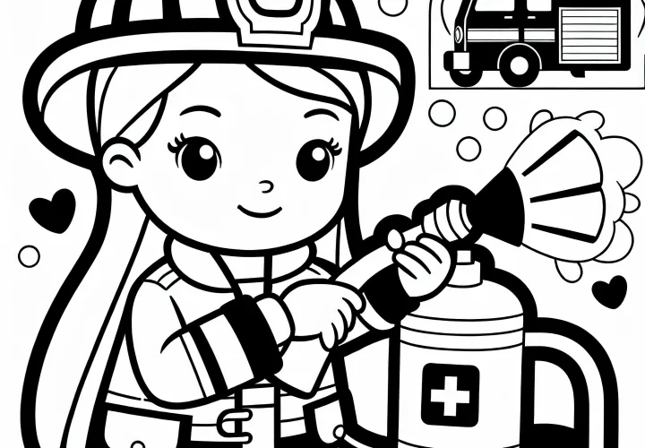消火器を持った消防士の女性 - 無料ダウンロードできる塗り絵