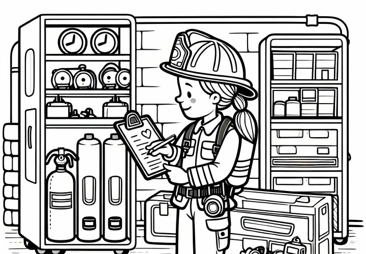 Feuerwehrfrau bei der Inspektion von Ausrüstung im Gerätehaus - Ausmalbild kostenlos Feuerwehrfrau bei der Inspektion von Ausrüstung im Gerätehaus - Ausmalbild kostenlos
