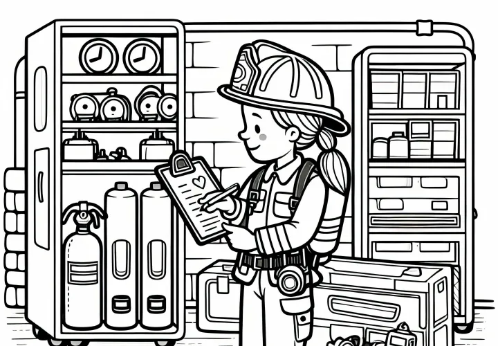 消防士が器具庫で装備を点検している - 無料ぬりえ