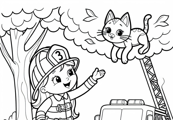 Feuerwehrfrau rettet Katze von Baum – Ausmalbild kostenlos Feuerwehrfrau rettet Katze von Baum – Ausmalbild kostenlos
