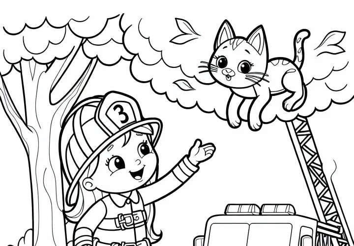 消防士の女性が木から猫を救出 – 無料の塗り絵