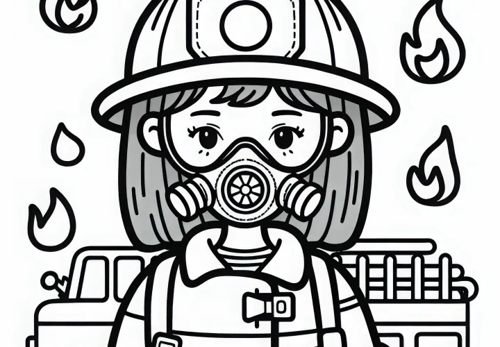 消防士の女性、呼吸用マスクと防護服を着用 - 簡単で無料の塗り絵