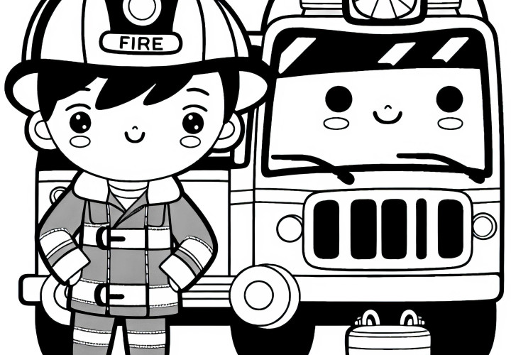 Feuerwehrauto mit Feuerwehrmann - Ausmalbild einfach und gratis Feuerwehrauto mit Feuerwehrmann - Ausmalbild einfach und gratis