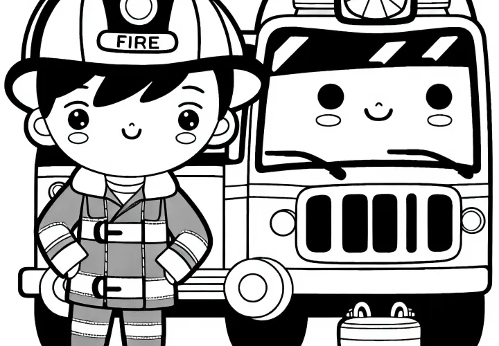 消防車と消防士 - 簡単で無料の塗り絵