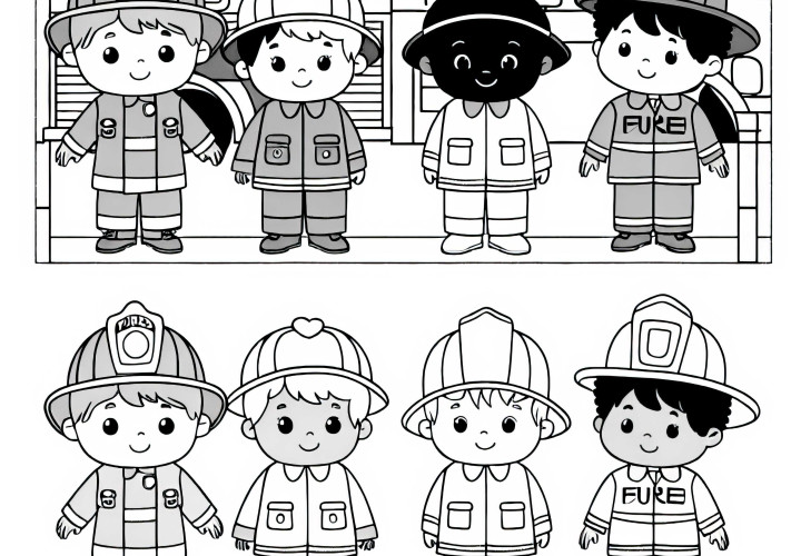 Kinder, die sich als Feuerwehrmann verkleiden – Malvorlage einfach gratis Kinder, die sich als Feuerwehrmann verkleiden – Malvorlage einfach gratis