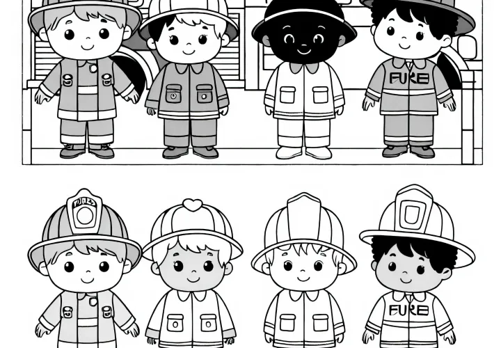 消防士に仮装する子供たち - 無料の塗り絵テンプレート