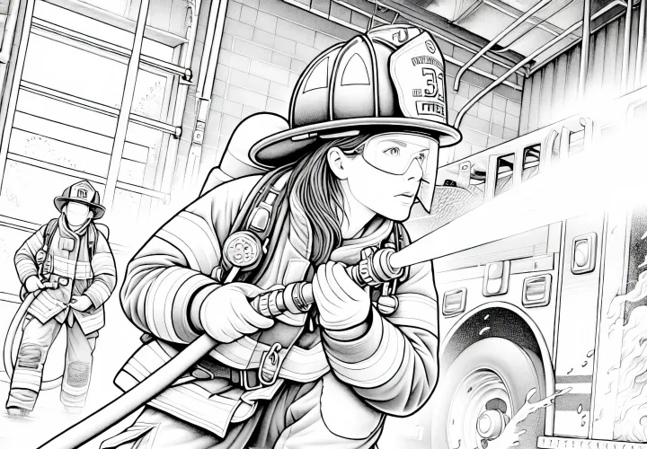 消防士がホースで火を消す - ダウンロード用塗り絵