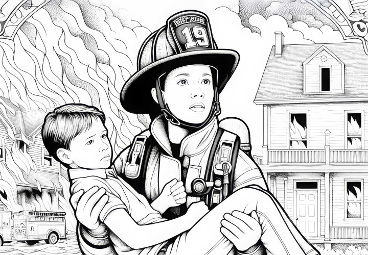 Feuerwehrmann trägt ein Kind aus brennendem Gebäude – Ausmalbild Feuerwehrmann trägt ein Kind aus brennendem Gebäude – Ausmalbild