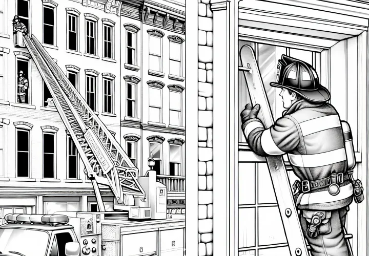 消防士がはしごを使って窓に登る – 詳細な無料塗り絵