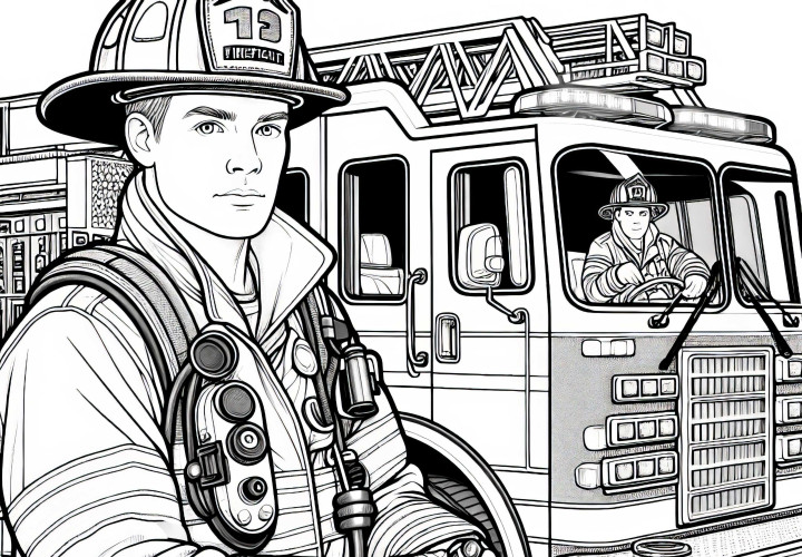 Feuerwehrmann fährt Feuerwehrauto - Ausmalbild detailreich kostenlos Feuerwehrmann fährt Feuerwehrauto - Ausmalbild detailreich kostenlos