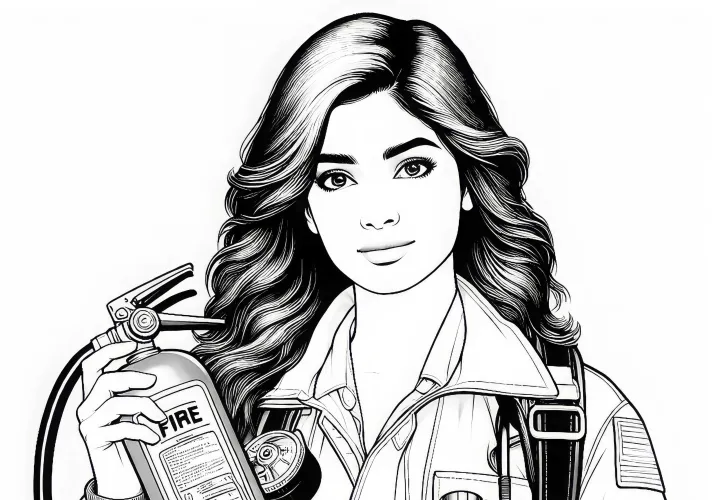 消防士の女性と消火器 - 詳細な塗り絵の無料ダウンロード