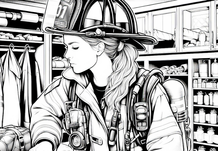 Feuerwehrfrau bei der Inspektion von Ausrüstung im Gerätehaus – Malvorlage kostenlos Feuerwehrfrau bei der Inspektion von Ausrüstung im Gerätehaus – Malvorlage kostenlos