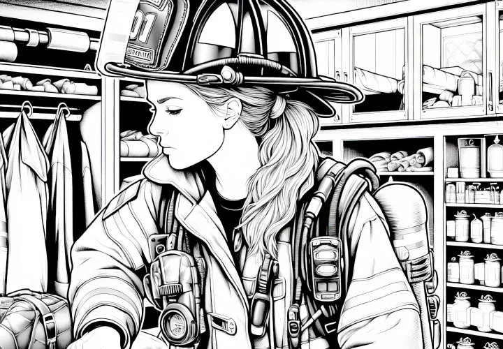 消防士の女性が機材庫で装備の点検をしている – 無料の塗り絵