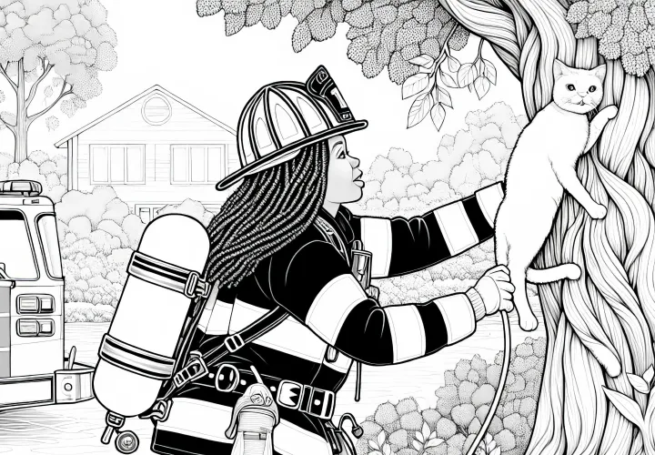 消防士の女性が木から猫を救出 – 無料の塗り絵テンプレート