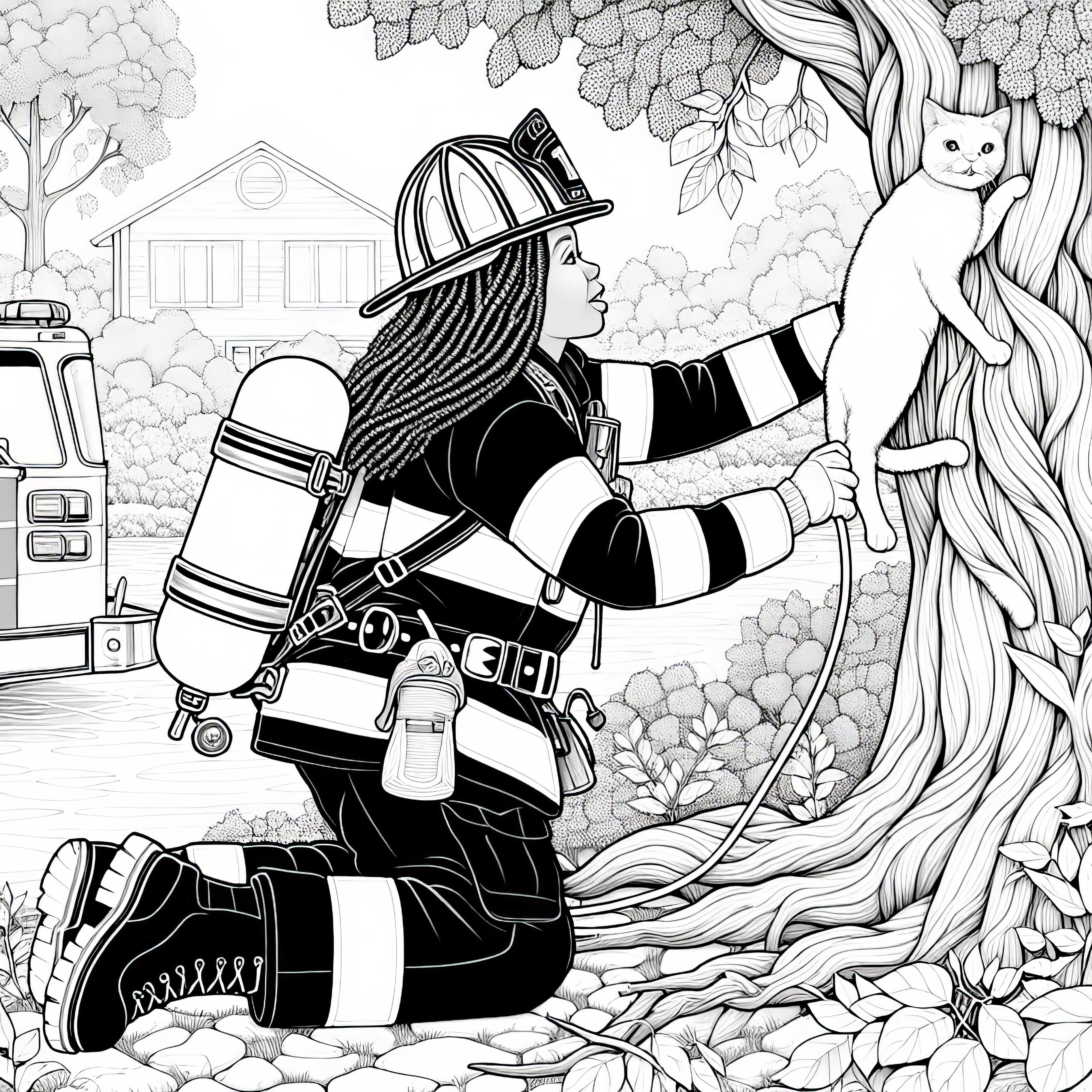 Feuerwehrfrau rettet Katze von Baum – Malvorlage kostenlos