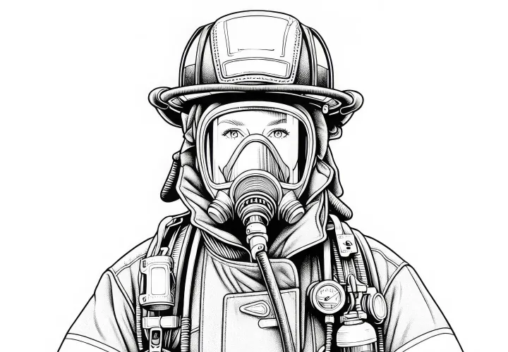 消防士の女性が呼吸保護マスクと保護服を着ている – 無料ダウンロードできる塗り絵