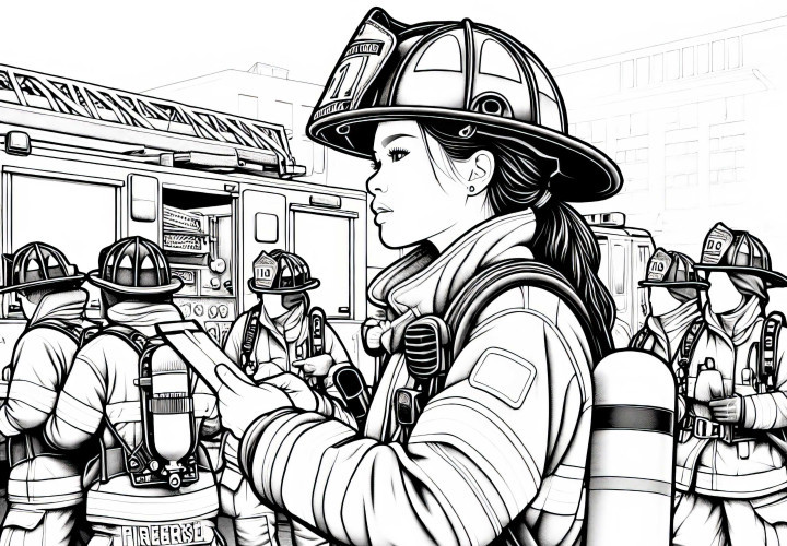 Feuerwehrfrau koordiniert Team während eines Einsatzes - Ausmalbild detailreich gratis Feuerwehrfrau koordiniert Team während eines Einsatzes - Ausmalbild detailreich gratis