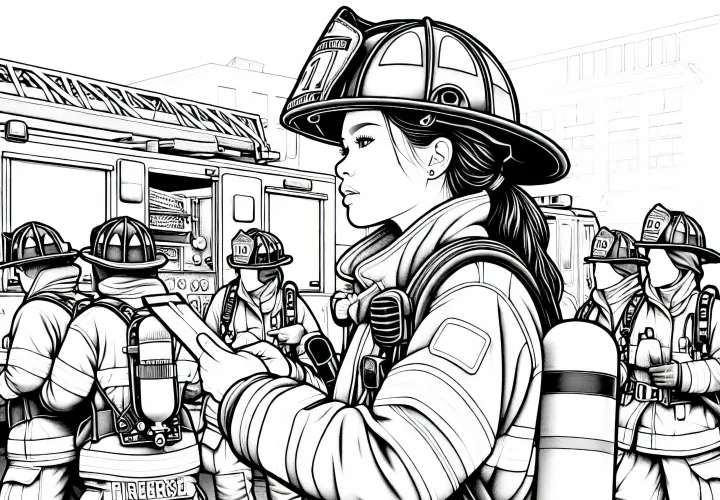消防士の女性が出動中にチームを調整する - 詳細な塗り絵 無料