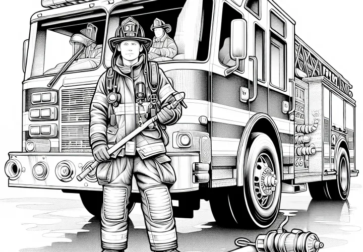 消防車と消防士 - 詳細豊かな無料ぬりえ