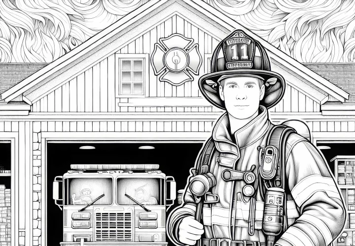 消防署の中央と消防士の塗り絵 詳細な 無料