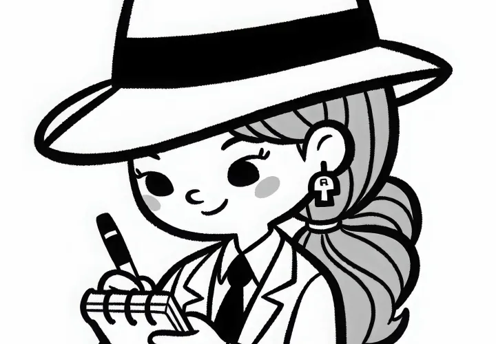 Detektivin notiert Hinweise im Notizbuch – Ausmalbild einfach und kostenlos
