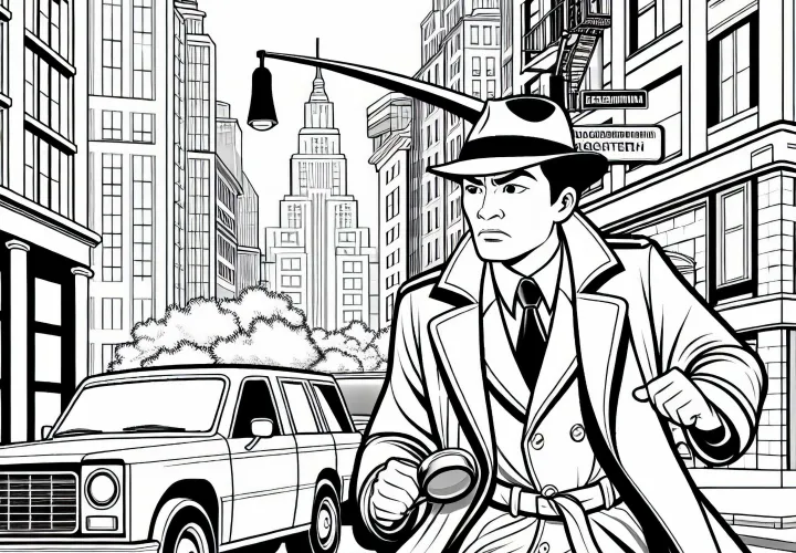 Detektiv in Verfolgungsszene – Ausmalbild Einfach Kostenlos